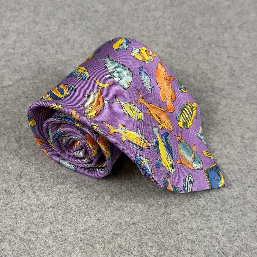Vintage Gucci Tropical Fish Silk Tie Purple Novelty Made Italy Designer 56x3.75"
